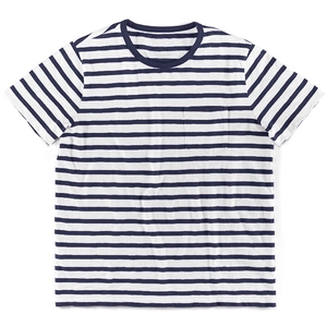 Detailed view of short-sleeve striped T-shirt featuring a chest pocket and cotton texture