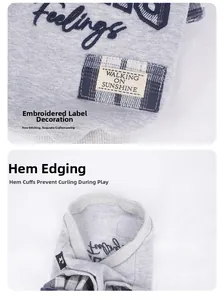Detailed embroidery and knit hem finish on the grey pet hoodie with plaid patchwork