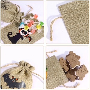 Halloween burlap drawstring bags with skull, bat and pumpkin patterns for candy gifts