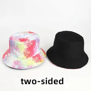 Double-sided bucket hat for women with colorful floral print and solid black reverse