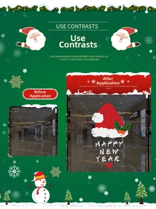 Detail of Christmas window clings with snowman and festive Happy New Year decal motifs
