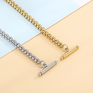 Dual-layer stainless steel OT buckle bracelet with heart and rose charms in gold and silver