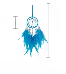 Detailed view of lake blue crystal dream catcher car charm with feathers and dimensions