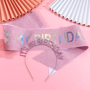 Pink glitter sash and tiara set with holographic It's My Birthday text for party
