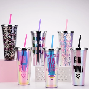 Set of six 24oz double-walled leopard and iridescent straw tumblers with quotes