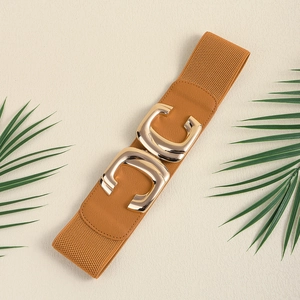 Detail of a brown elastic waist belt with a golden C-shaped metal buckle on a beige background
