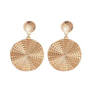 Golden geometric earrings with woven texture round pendant and hammered stud detail