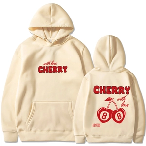 Sweat à capuche beige à imprimé cerise avec cordon de serrage et poche kangourou