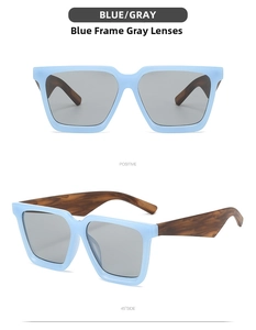 Detail of square blue sunglasses with gray lenses and brown wood grain temples