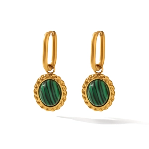 French vintage oval twisted stainless steel earrings with malachite green stone inlays