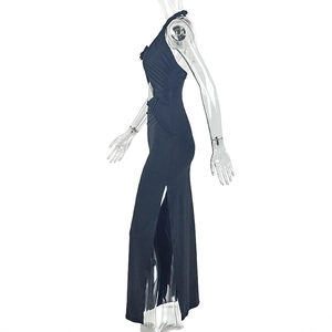 Detail of navy blue bodycon maxi dress with side waist cut-out and high slit detail