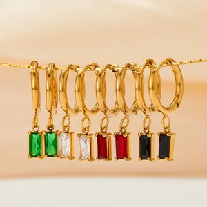Square zircon pendant hoop earrings in four colors on a gold stainless steel frame