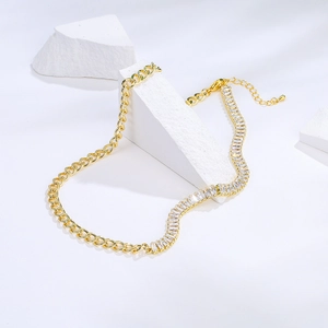 Gold plated mixed chain necklace with cuban links and rectangular cubic zirconia accents