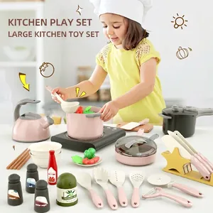 Kids pretend play kitchen toy set with pink pots pans and utensils for toddlers