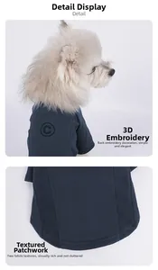 Dettaglio felpa per cani blu navy con ricamo 3D e cuciture di tessuti testurizzati