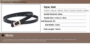 Detailed size specifications of slim PU leather belt with dimensions and color options