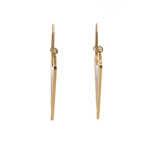 Detailed side view of gold geometric shield earrings with hollow cut-out mesh design