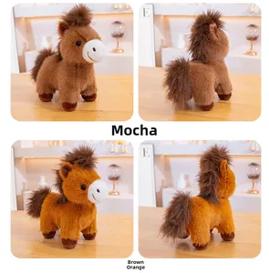 Detailed views of cute plush pony dolls in mocha and brown orange with fluffy manes