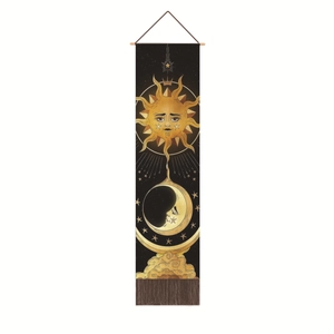 Detailed view of solar and lunar art tapestry with wooden rods and gold patterns
