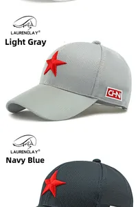 Detail of mesh baseball caps with 3D red star embroidery in light grey and navy blue
