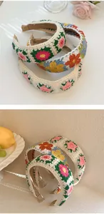 Detail of handmade crochet flower headband with soft embroidery and non-slip lining