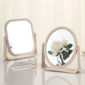 Desktop Makeup Mirror Wheat Straw Dual Sided HD Rotatable Vanity Mirror For Dressing Table Bathroom Minimalist Style