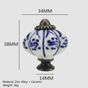 European pumpkin ceramic cabinet knob with blue floral pattern and bronze base