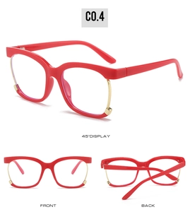 Detailed views of red half-frame eyeglasses with gold metal accents from multiple angles