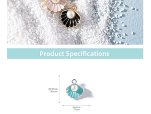 Detail view of shell-shaped alloy pendants with imitation pearls and 14mm size marking