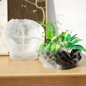 Silicone mold for cupped hands resin tray with finished decorative marble planter