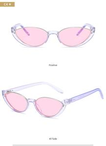 Detail view of pink cat-eye sunglasses with purple frames showing positive and 45° side angles