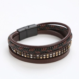 Men's multi-layer leather bracelet with braided ropes and magnetic clasp on white background