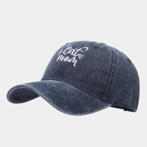 Unisex washed cotton baseball cap featuring CAT MOM embroidery and cat ear motif in navy grey