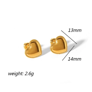 Luxury 18k gold heart-shaped stainless steel stud earrings measuring 13mm by 14mm