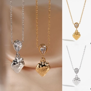 Strawberry Pendant Necklace Stainless Steel Water Drop Zircon Fruit Style Jewelry For Women PVD Gold Plated