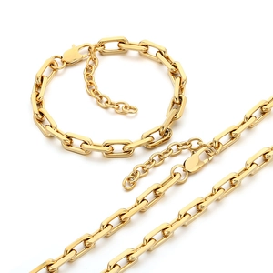 Golden stainless steel cross-chain necklace and bracelet jewelry set with lobster clasp