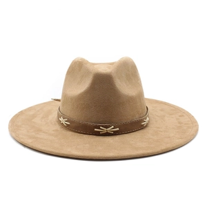 Vintage brown suede wide-brim fedora hat with white cross-stitch leather band detail