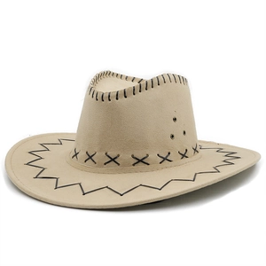Chapeau De Cow-Boy Occidental Faux Daim Large Bord Avec Point De Croix Et Oeillets Métalliques Style Rétro Hommes Femmes
