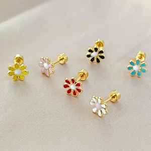 Colorful floral stainless steel stud earrings set with anti-loss screw backs on satin
