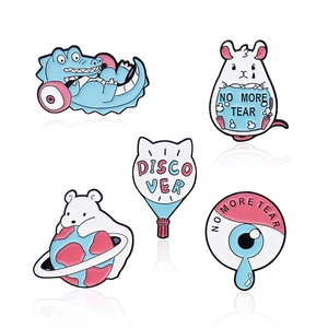 Five-piece cartoon enamel pin set with yoga bear, alligator, and disco balloon designs