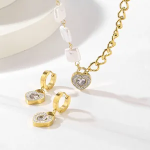 Ensemble De Bijoux Pendentif Coeur Acier Inoxydable Strass Künstliche Perle Fantaisie Collier Boucles D'oreilles Mode Femmes