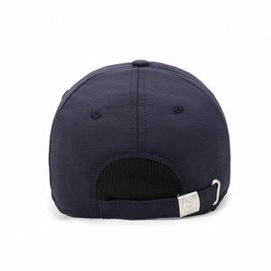 Rear view of navy blue winter baseball cap with adjustable silver metal buckle