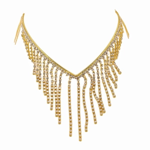 Elegant gold rhinestone fringe headband with sparkling crystal tassels on white background