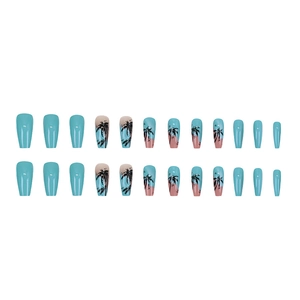 Hawaiian style blue lake press-on nails with palm tree sunset designs on 24 pieces
