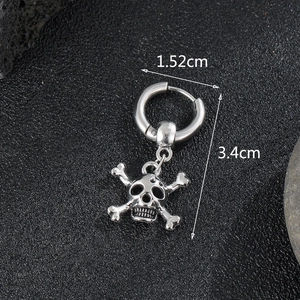 Punk style stainless steel hoop earrings featuring vintage silver skull pendants, 3.4cm long