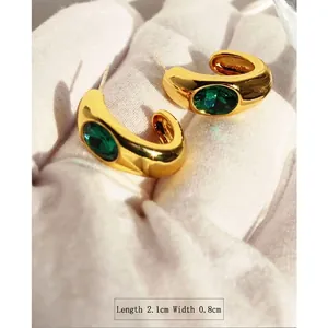 Vintage gold plated C-shaped hoop earrings with oval emerald zircon 2.1cm x 0.8cm size
