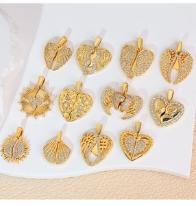 Golden micro-pave zircon pendants collection featuring hearts wings and sun motifs