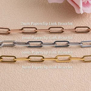 Minimalist paperclip link chain bracelets in gold, silver, rose gold tones, 2mm-8mm sizes