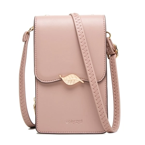 Detail of pink PU leather crossbody phone bag with gold leaf clasp and Prettyzys logo