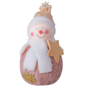 Charming pink and white plush snowman ornament with wooden star and knitted hat